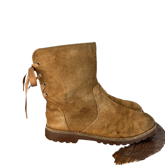 UGG Boots Kids Size 4 Corene Chestnut Suede Lace Up Side Zip - Picture 1 of 9